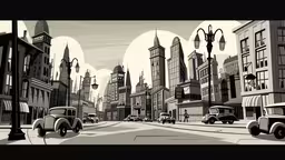a vintage street scene in black and white,an image of a street scene with old cars