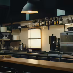 the lights of a dimly lit restaurant counter