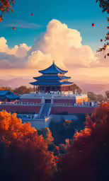 an asian building and other buildings are on a beautiful day