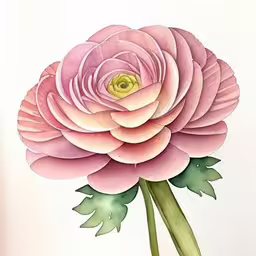 this is a watercolor of a flower on paper,a drawing of a pink flower with its green leaves