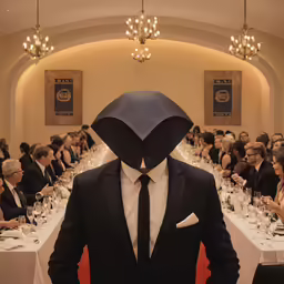 a man with a weird suit in front of a crowd