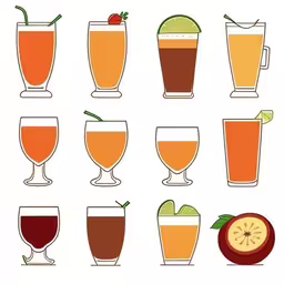 various kinds of drinks arranged on a white background,several glasses filled with different drinks with fruit on them,various beverages in glasses are shown together,a white background with many different beverages to choose from,there are many different drinks and drinks to drink