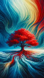 an abstract painting with red tree in center