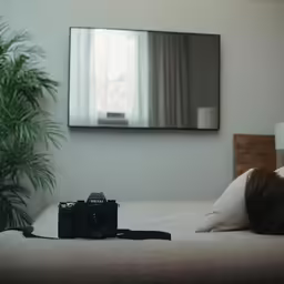 a woman laying down on her side with a camera on her bed