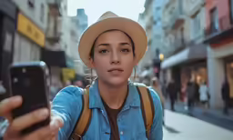 a woman standing on a street holding a cell phone
