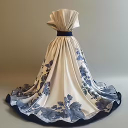 an off white dress with blue flowers on it