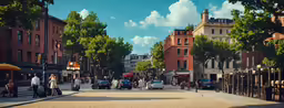 an image of street scene of city with cars and pedestrians