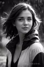 a girl is posing for the camera in the rain