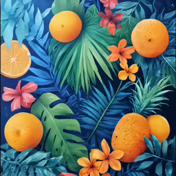 an art work featuring tropical leaves, oranges and flowers