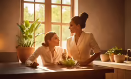 two women standing next to a counter looking at each other