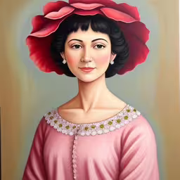 a portrait of a lady with an elegant hair style,an oil painting of a woman wearing a red dress and hat