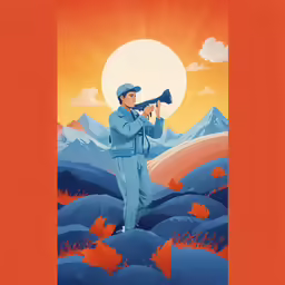a man in a suit with an instrument in front of mountains