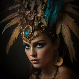 a woman wearing feathers and beads in her headdress