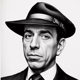 a black and white photo of a man wearing a suit and tie