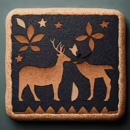 a wooden block with two deer and star decorations