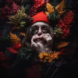 a girl in an orange cap surrounded by flowers