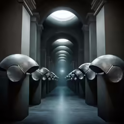 a long hallway with several metal items hanging off the side of it