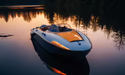 a speedboat floating in the water during sunset