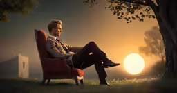 a man sitting in an orange chair looking out at the sunset