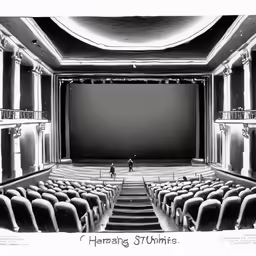 a large empty theatre with a lot of chairs and an area with a large screen