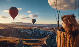 woman looking out into the sky at hot air balloons