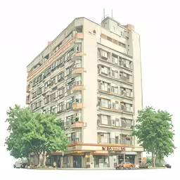 the large building is near two trees on both sides