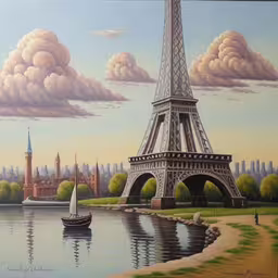 a painting of a boat in the river and a view of a city,a painting that has a view of the eiffel tower