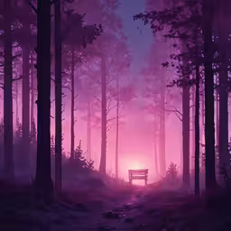 a bench sits in the middle of a wooded area,an empty bench is sitting in the forest near the sunset