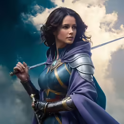a woman in a purple armor holding a sword