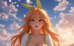 a beautiful anime girl in yellow underwear next to a sky