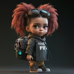 an adorable little doll with pink hair standing in front of a camera