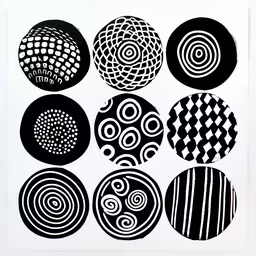 nine circular drawings with black and white designs,six circles with different designs on them