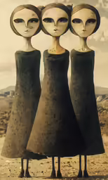 three woman in dresses with weird faces on their heads