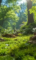 a forest filled with lots of lush green grass