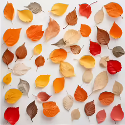 a white surface covered in many different leaves