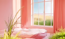 a bedroom with pink walls and a white bed