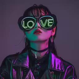 woman with neon sunglasses saying love, wearing a leather jacket,a woman in a leather jacket, green neon glasses and a leather jacket
