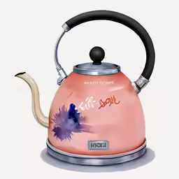 the painting depicts a pink kettle with black handle and a handle on it