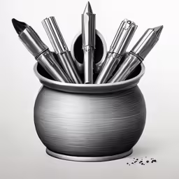 pen and markers sitting in a clay container