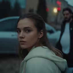 a young girl standing next to an older man on a street