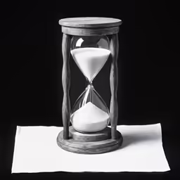 a sand clock with white sand in it sitting on top of a piece of paper