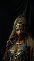 a girl with a blue face painted with gold,a woman with head jewels and pearls dressed up in a costume