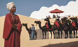 a lady that is standing near some fake camels