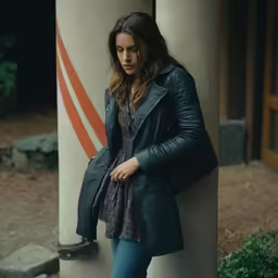 a young woman leans against the pillars while leaning against them