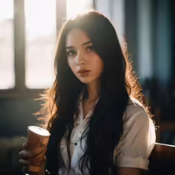 a pretty young lady holding a drink wearing a blouse