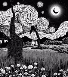 the night sky with flowers and stars is shown in black and white,a landscape with trees, flowers, and a house