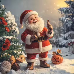 a cartoon santa clause with a knife and orange pumpkin in front of a christmas tree