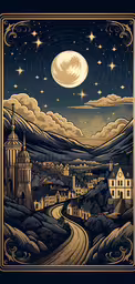 an image of a poster with a town in the sky,an art print on paper with the image of a town at night