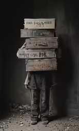 a person is carrying stacked book ends on their shoulders