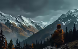 person in orange coat looking at mountains in the forest